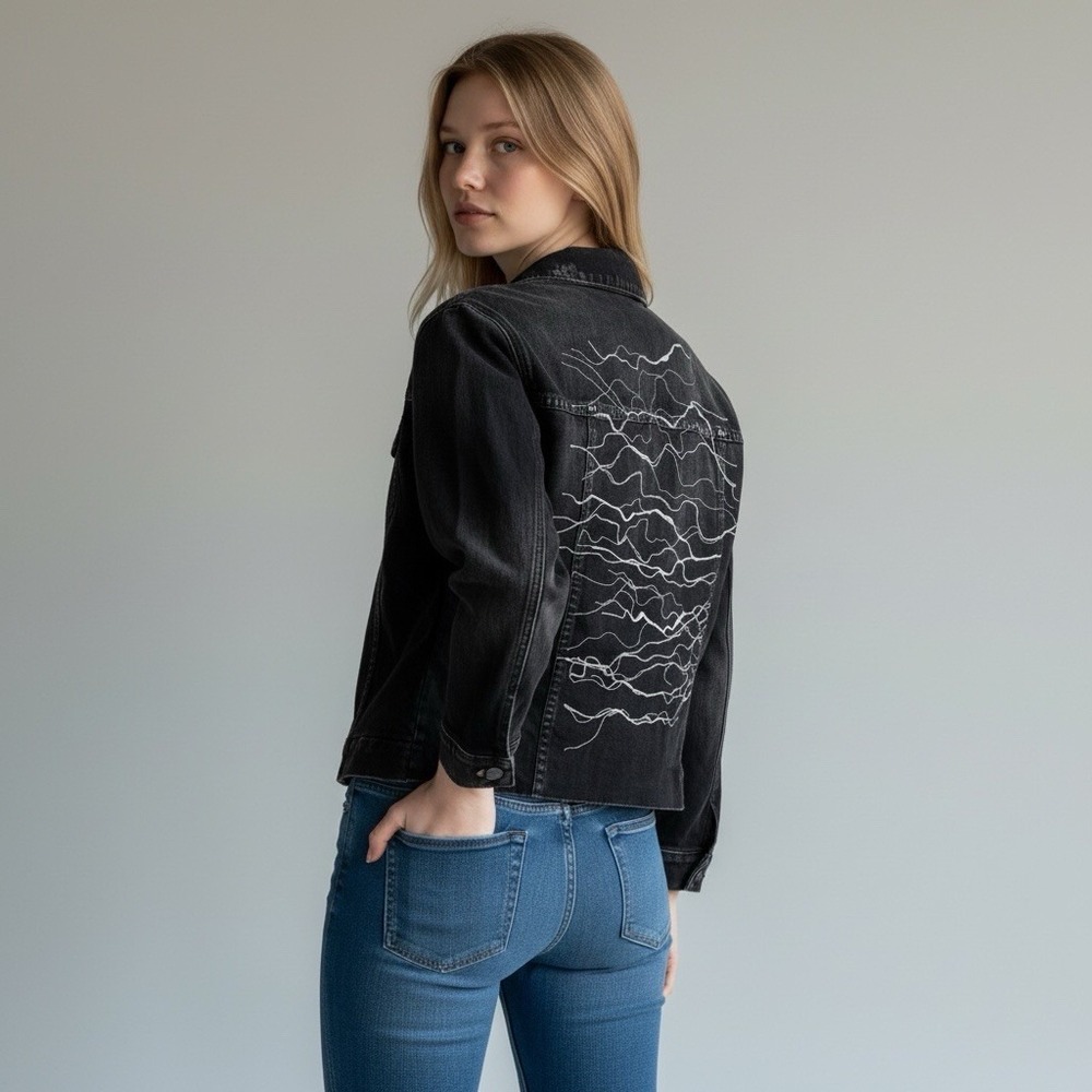 AG Adriano Goldsschmied Women's M Nancy Trucker Jacket Embroidered Black EUC‎